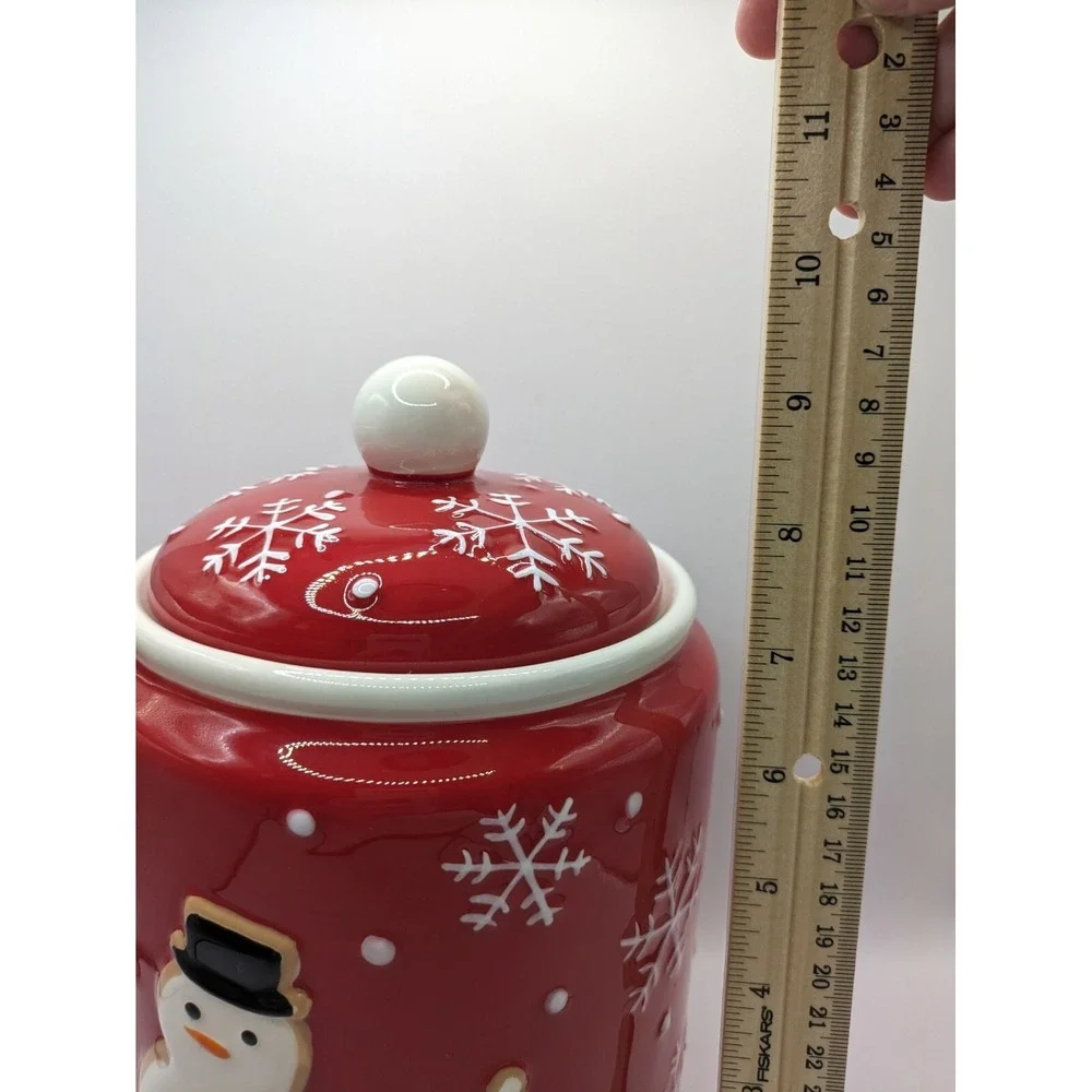 Hallmark Christmas Red Cookie Jar Canister 3 Snowmen Snowflakes 9